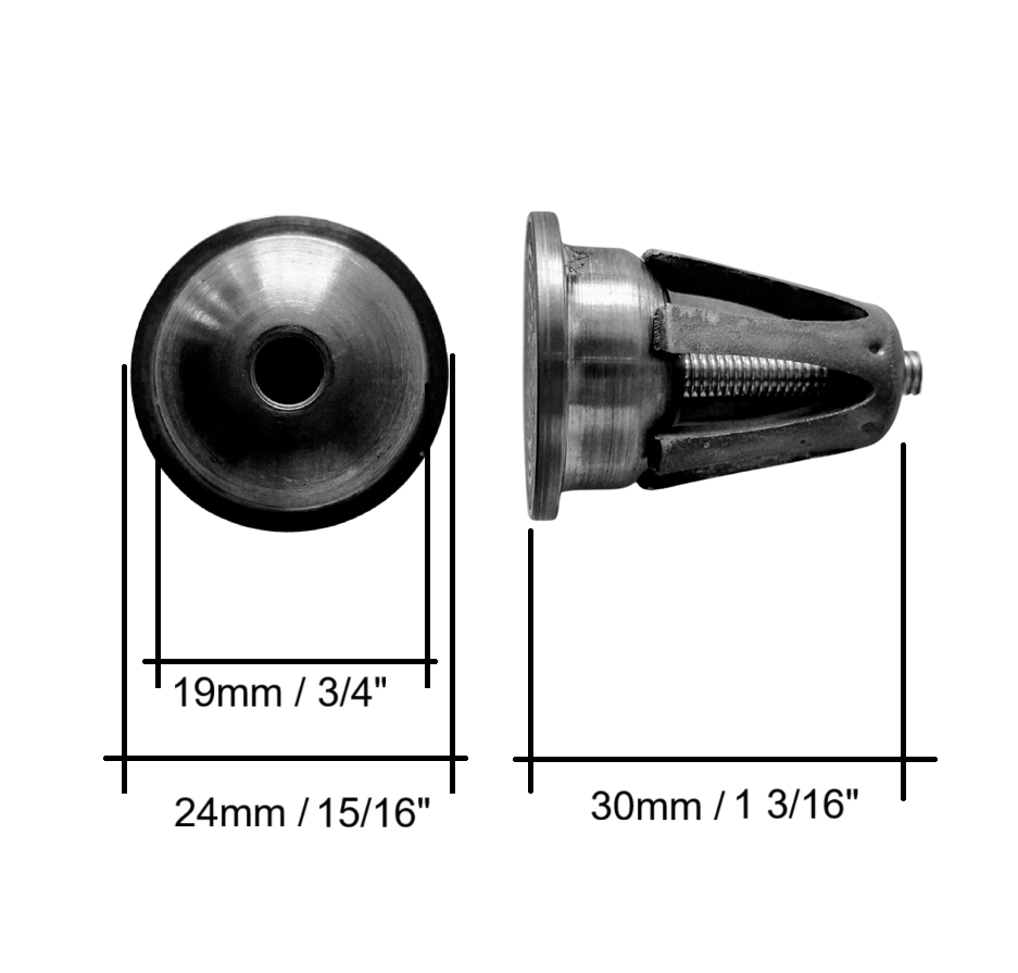 titanium bicycle handlebar end cap with dimensions labelled on a white background