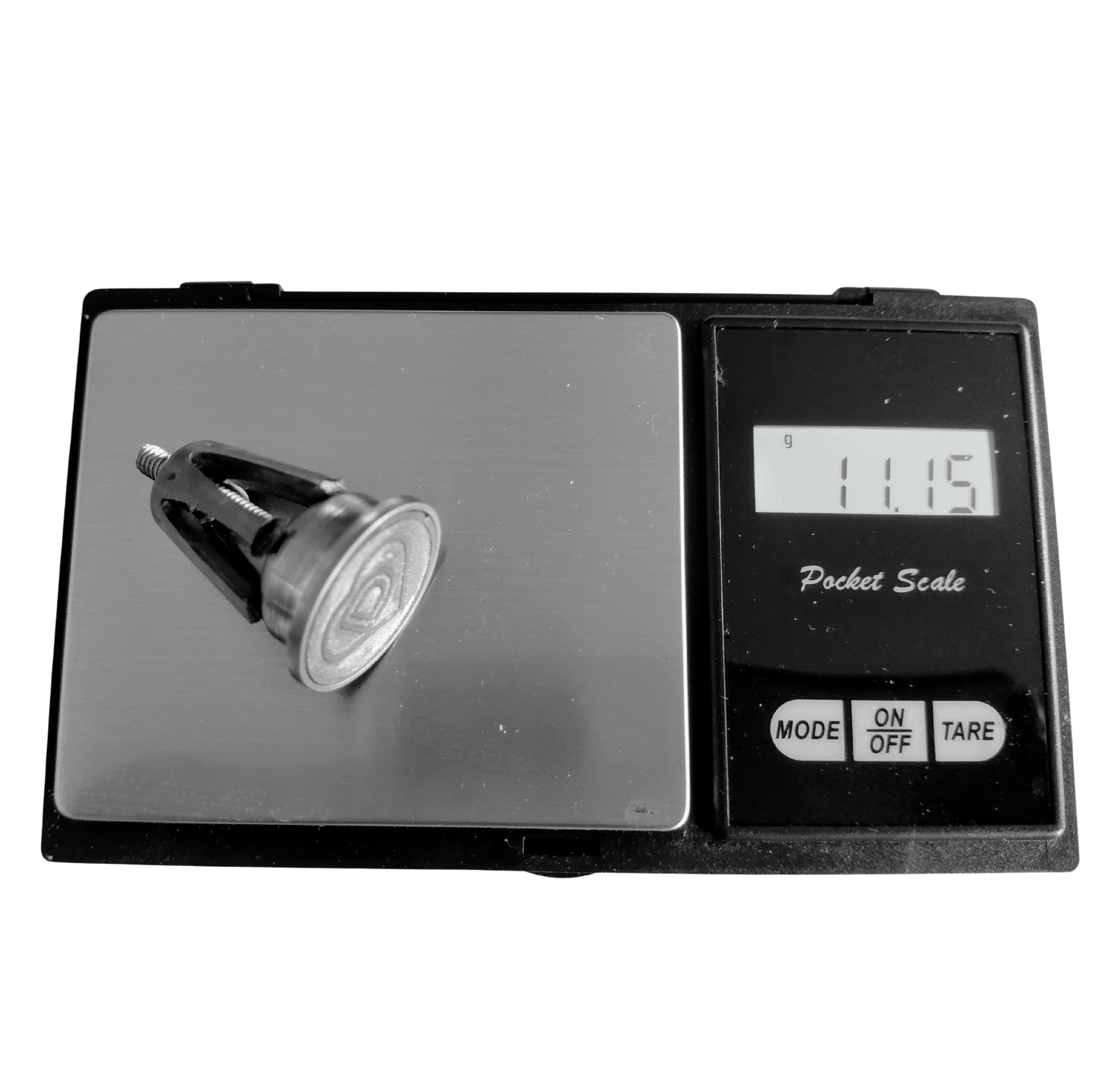 Digital pocket scale with titanium handlebar end cap on its surface