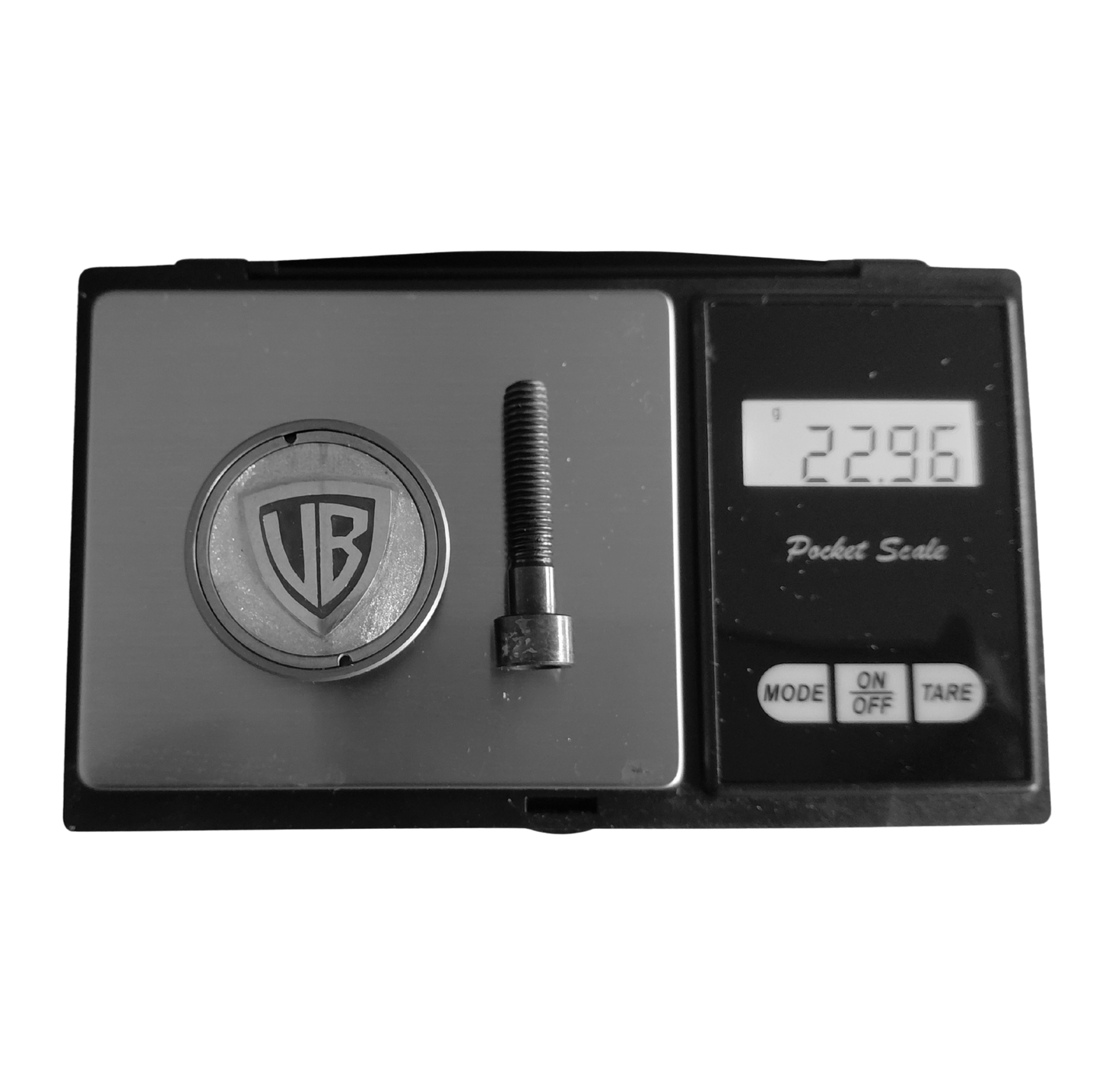Digital pocket scale with monogram stem top cap and bolt on a white background