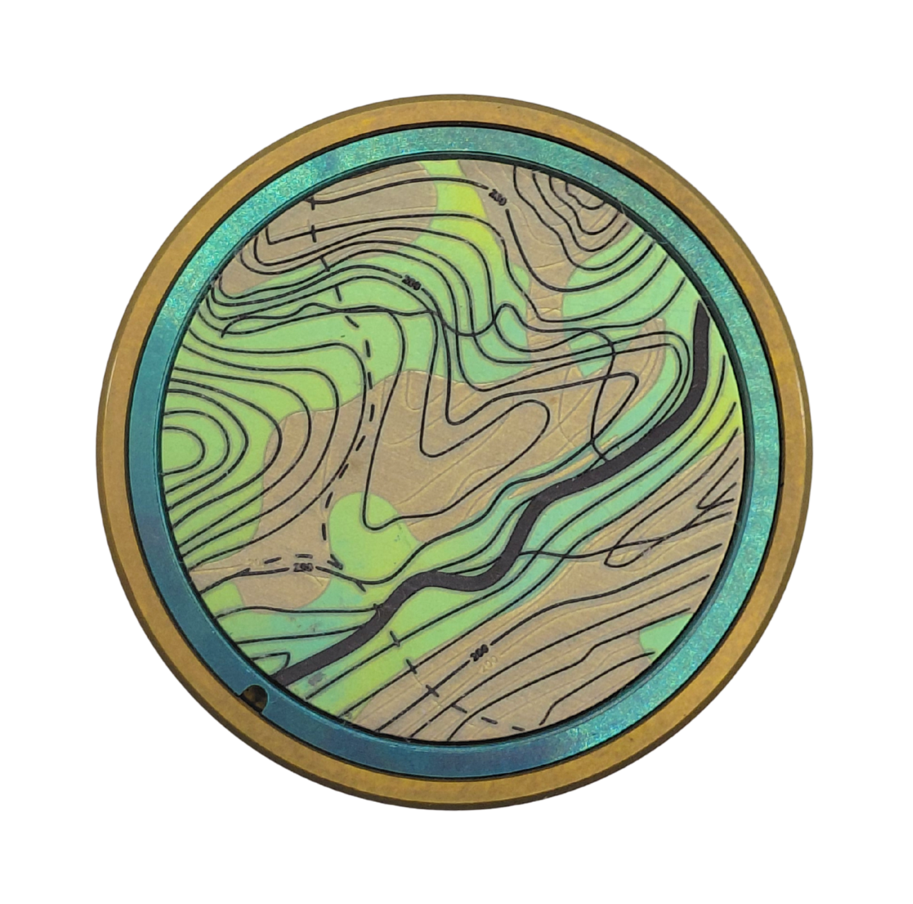 Titanium multi-color bicycle stem top cap with topographic design on a white background