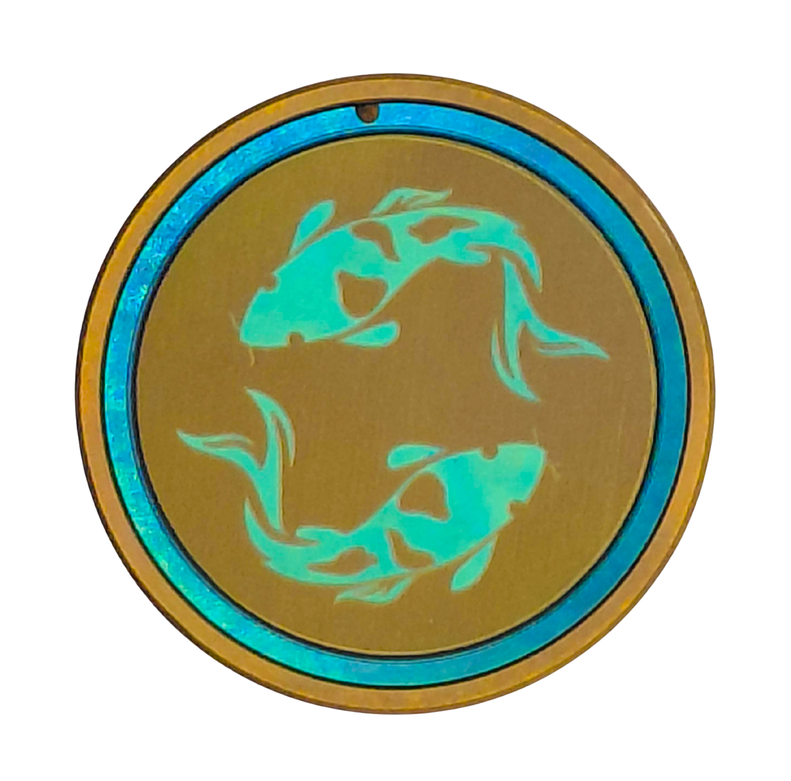 Titanium bicycle Stem Top Cap with two turquoise koi fish on a gold background