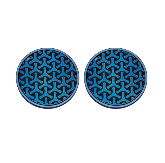 Two bicycle end cap with a geometric pattern in blue on a white background