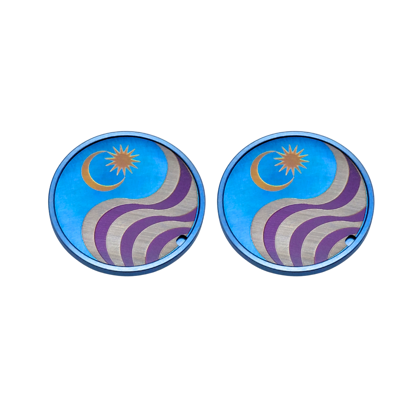 Pair of Malaysian flag design titanium bicycle handlebar end cap on a white background.