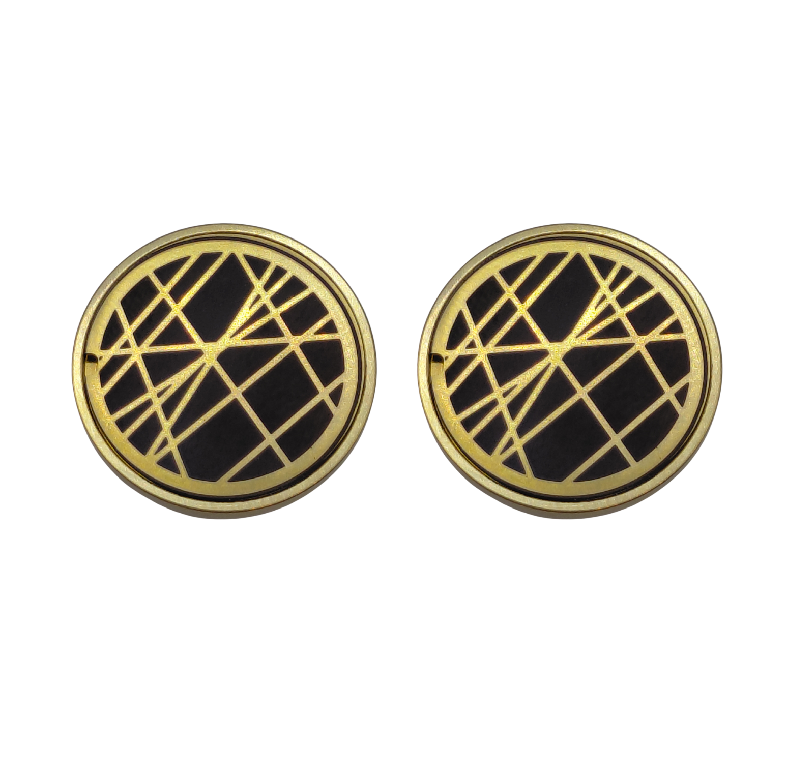 Pair of titanium handlebar end cap with gold and black geometric design on a white background